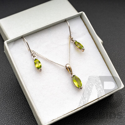 BRAND NEW - Sterling Silver Peridot Drop Earrings & Necklace Set, 5.53 Grams