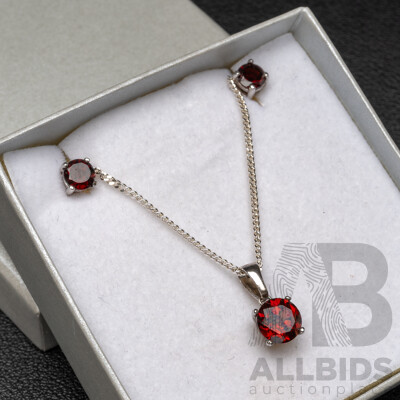 BRAND NEW - Sterling Silver Garnet Stud Earrings & Necklace (45cm) Set, 4.66 Grams