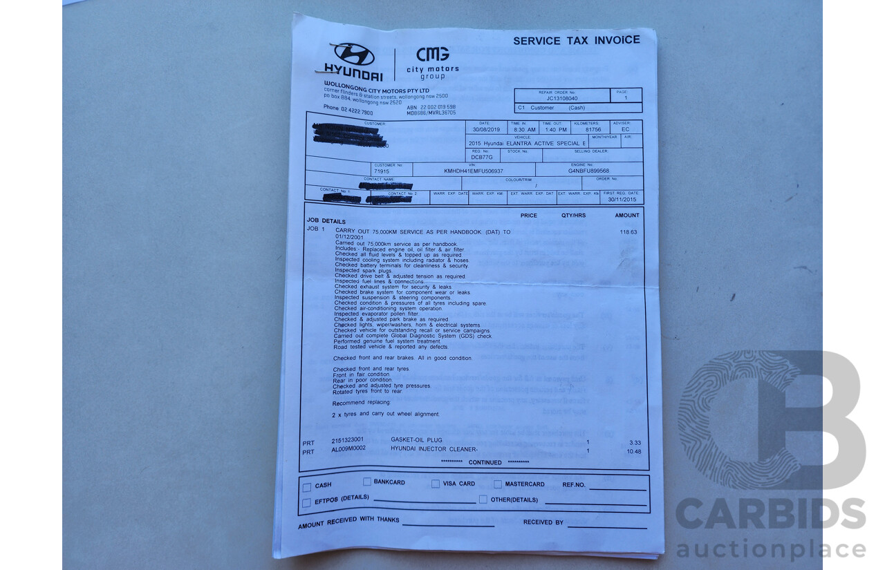 12/2015 Hyundai Elantra Active Special Edition MD SERIES 2 (MD3) 4d Sedan White 1.8L