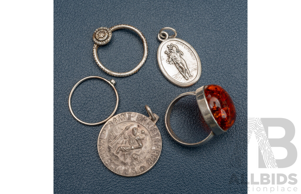 Vintage Amber Cabochon Ring and Other Sterling Silver Including (2) Vintage St Christopher Medallion Pendants, 16.71 Grams