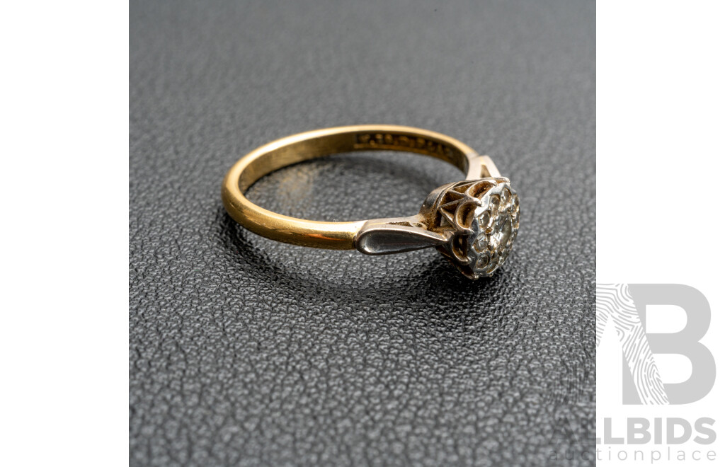 18ct/platinum Antique Old Cut Diamond Daisy Ring, Est 0.18ct, Size J, 2.88 Grams