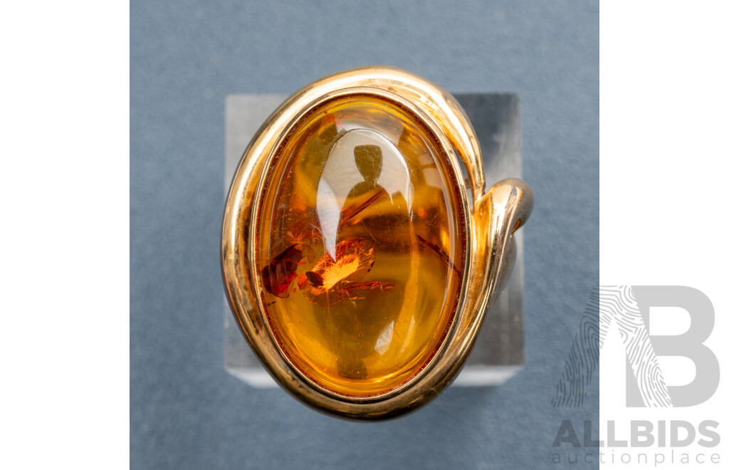 Vintage Gold Tone Sterling Silver Amber Cabochon Cocktail Ring, Size N, 7.52 Grams