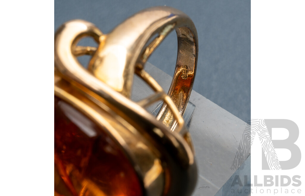 Vintage Gold Tone Sterling Silver Amber Cabochon Cocktail Ring, Size N, 7.52 Grams