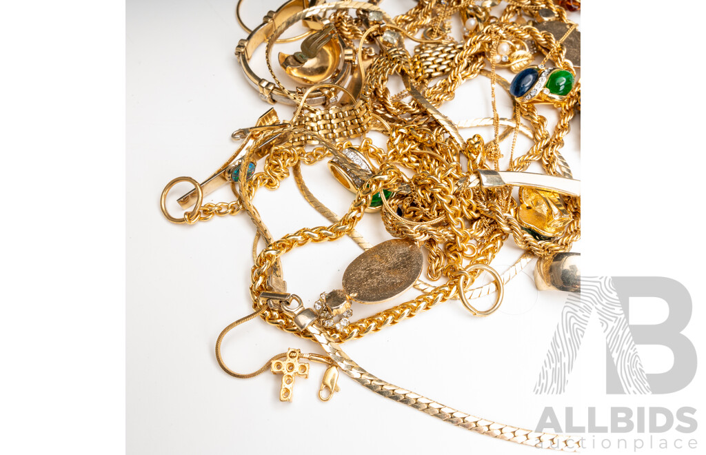 Collection of Quality Vintage Gold Tone Jewellery Including Oroton Rope Twist Necklace & Opal Triplet Tie Bar, 543.0 Grams