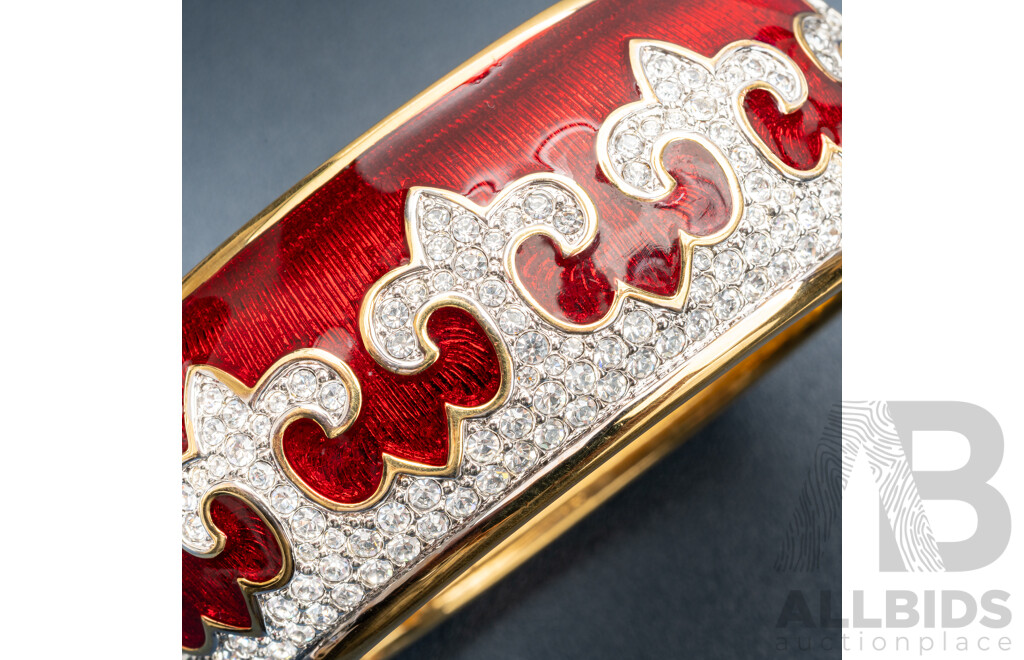 Swarovski Crystal Authentic Golden Crystal Bracelet & Hinged Red Enamel Crystal Bangle, Both Hallmarked