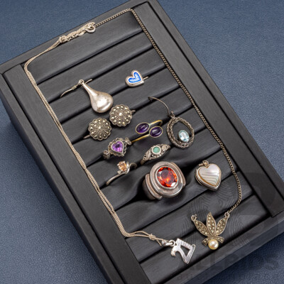 Collection of Vintage Sterling Silver Jewellery Including Cocktail Ring with Orange Citrine, 30.45 Grams