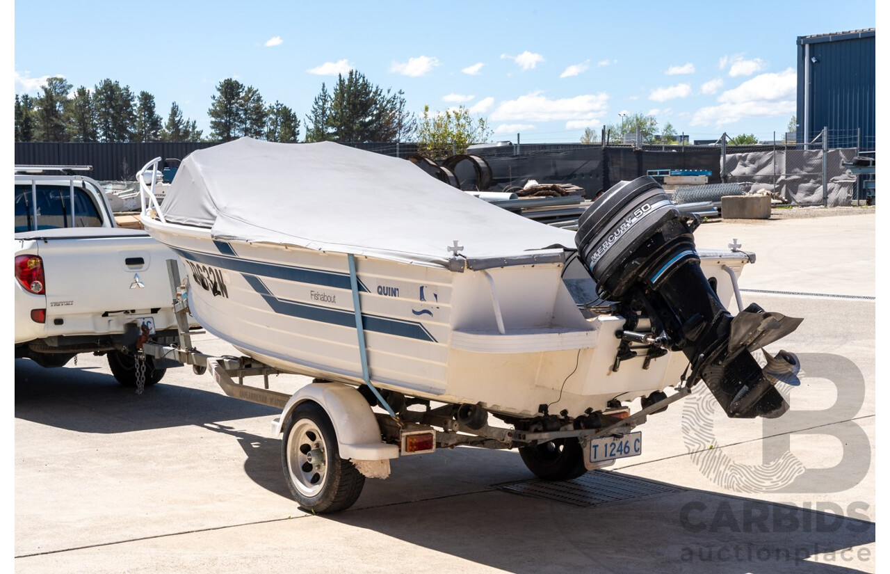 1991, Quintrex Fishabout Aluminum Runabout with 50 HP Mercury Blueband Outboard Motor and Water Snake Electric Trolling Motor on Bow