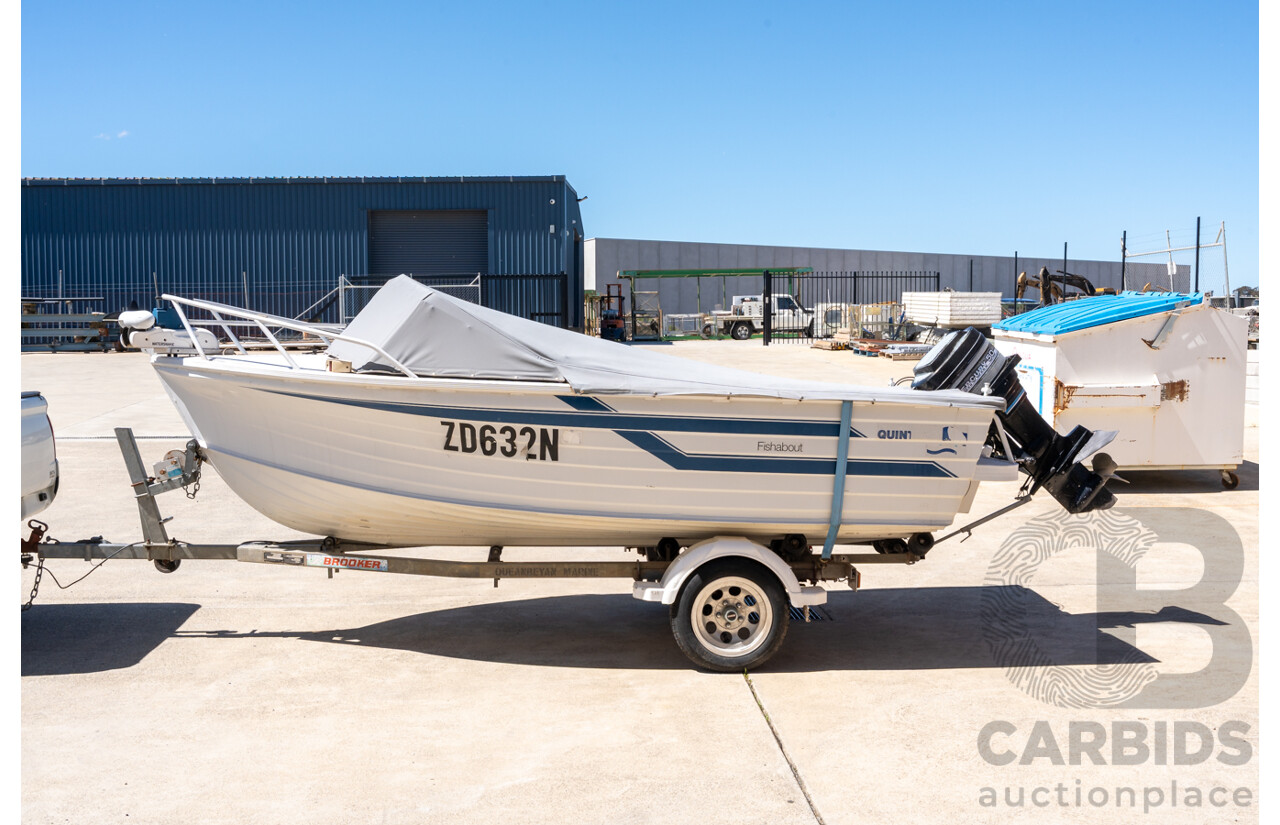 1991, Quintrex Fishabout Aluminum Runabout with 50 HP Mercury Blueband Outboard Motor and Water Snake Electric Trolling Motor on Bow