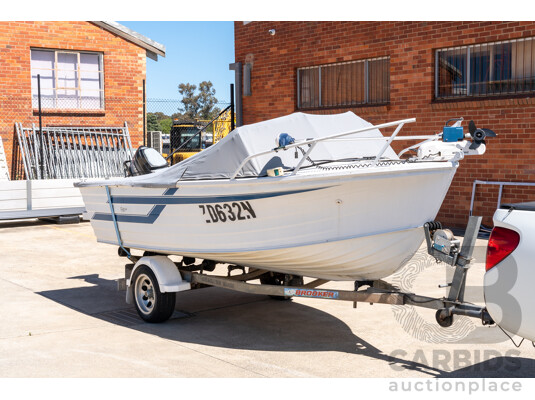1991, Quintrex Fishabout Aluminum Runabout with 50 HP Mercury Blueband Outboard Motor and Water Snake Electric Trolling Motor on Bow