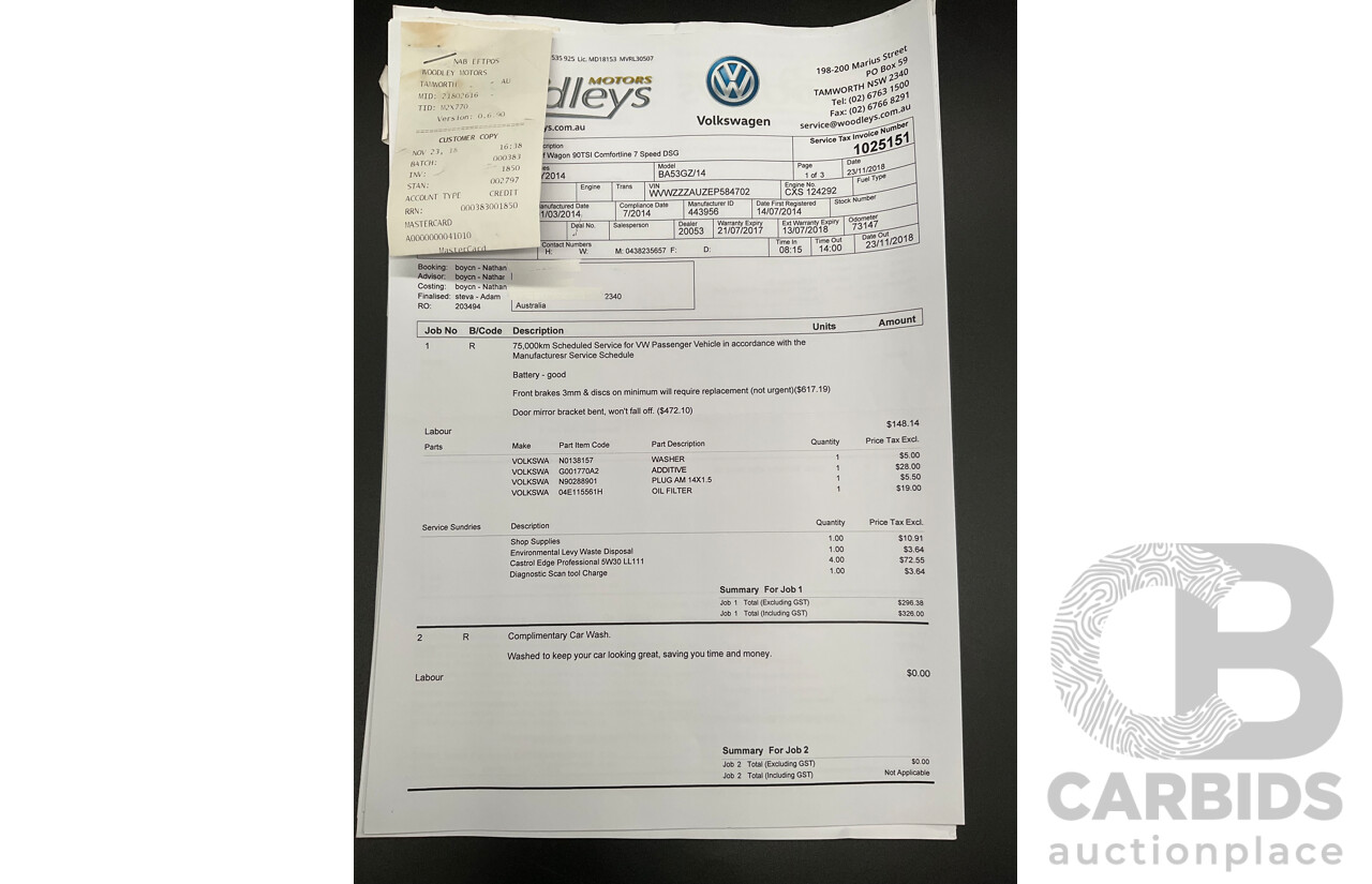 7/2014 Volkswagen Golf 90 TSI Comfortline AU MY14 4d Wagon Pure White Turbo 1.4L