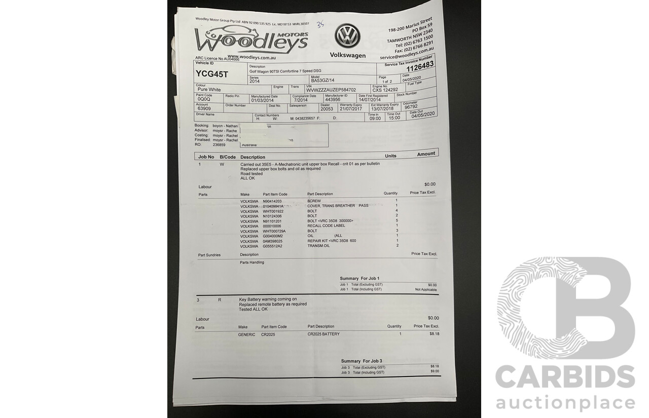 7/2014 Volkswagen Golf 90 TSI Comfortline AU MY14 4d Wagon Pure White Turbo 1.4L