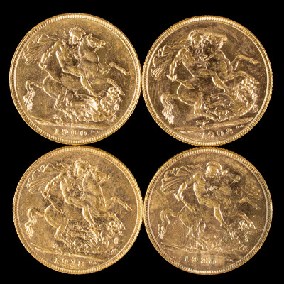 Downie's Prestige Four Australian Gold Sovereign Coin Collection Including QV 1900, KEVII 1908, KGV 1918 and 1930, All Perth Mint .916