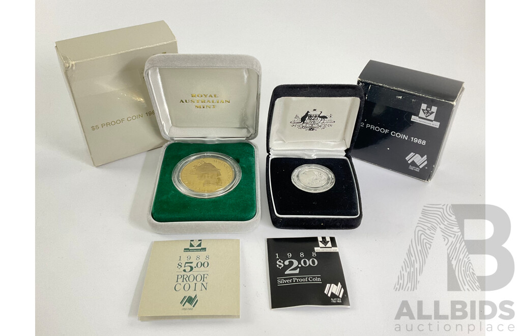 Australian RAM 1988 Silver Proof Two Dollar Coin and Proof Five Dollar Coin
