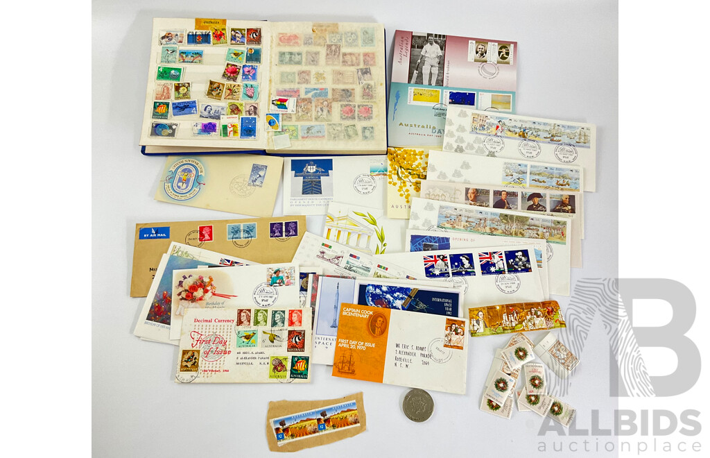 Album of Iternational Stamps Including Australia, Iran, USA, Denmark,United Kingdom, Sweden, Australian First Day Covers, 1956 Olympics, 1966 Decimal Currency, 1970 Cook Bicentenary, Aust Bicentennial 1972 Twenty Five Pence Coin