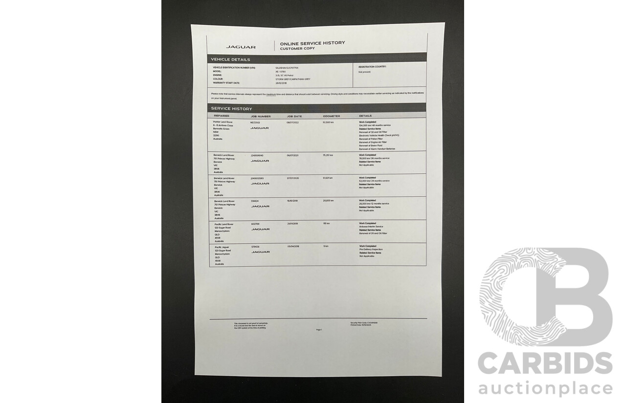 03/2018 Jaguar XE S 35t (280kW RWD) MY18 4d Sedan Carpathian Grey Metallic Supercharged V6 3.0L