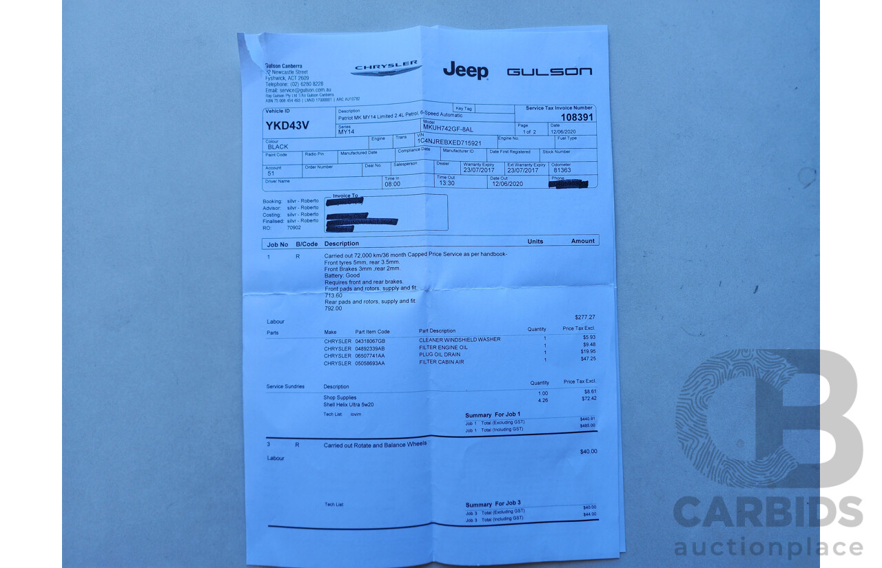 3/2014 Jeep Patriot Limited (4x4) MK MY14 4d Wagon Black 2.4L