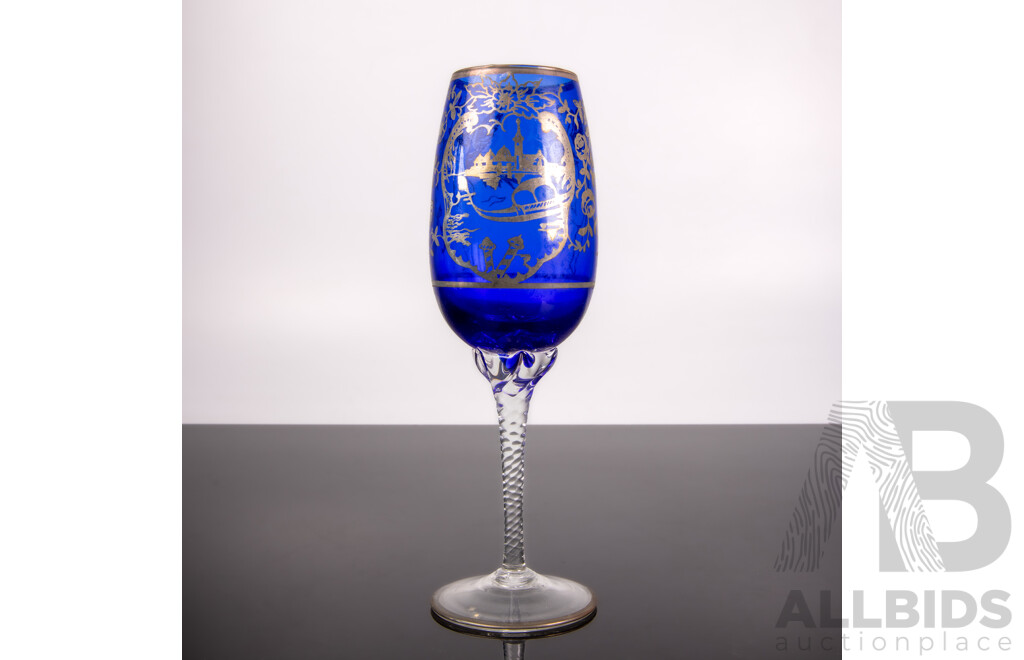 Vintage Blue Glass 14 Piece Drinking Suite Inc 12 Flutes, Two Decanters and Bud Vase by Gold Miller