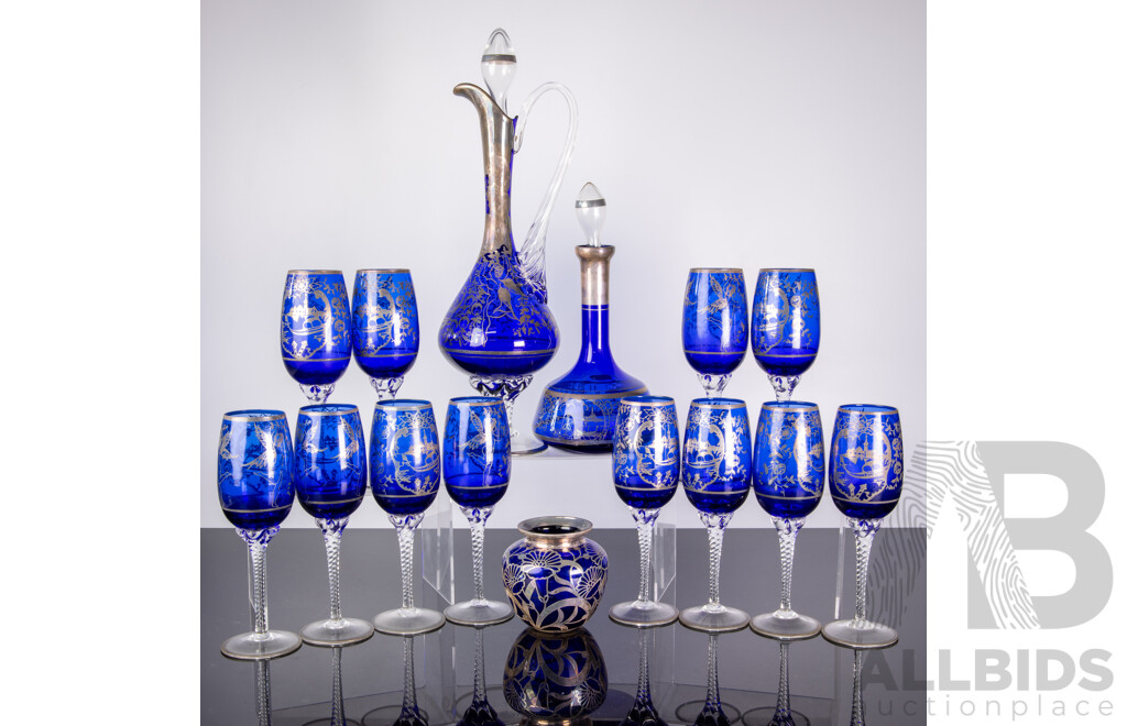 Vintage Blue Glass 14 Piece Drinking Suite Inc 12 Flutes, Two Decanters and Bud Vase by Gold Miller