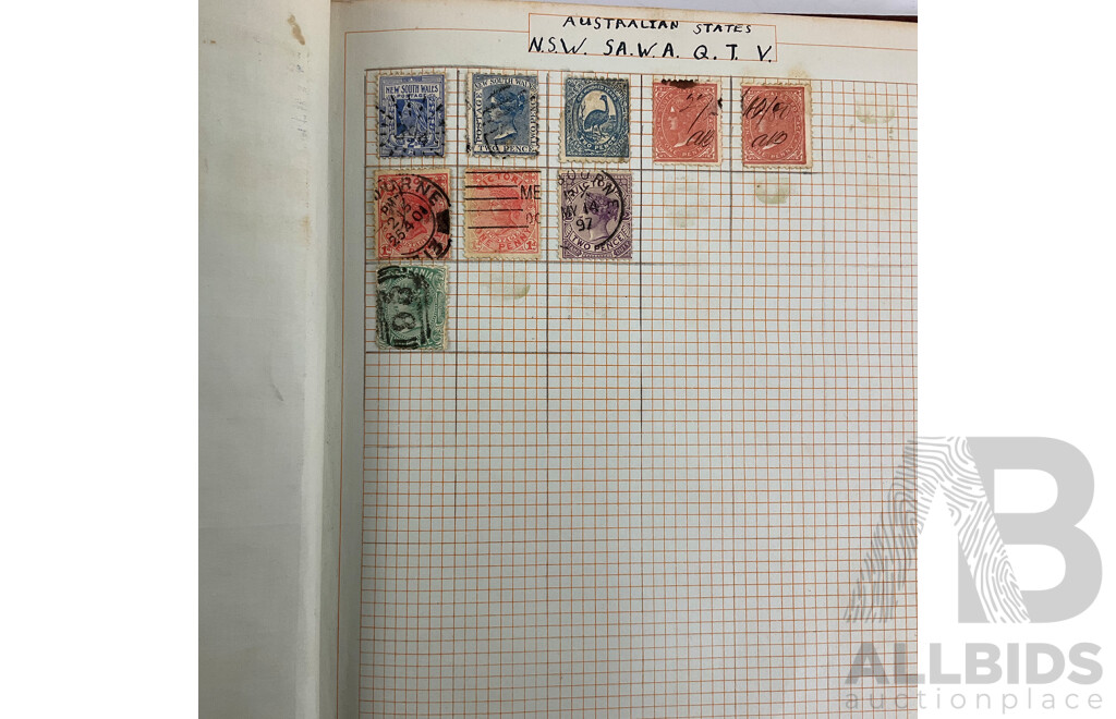 Album of Antique and Vintage International Stamps Including Australian Predecimal/Colonial, New Zealand, Austria, Belgium, Canada, China, Denmark, France, Germany, Britain, Holland, Japan, USA and More