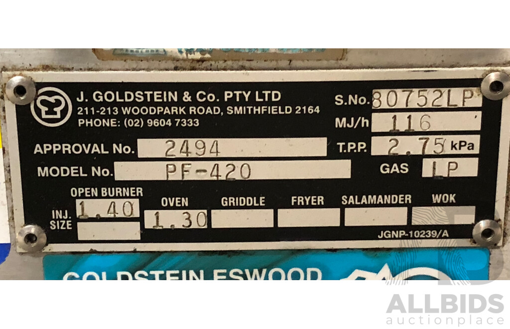 Goldstein LPG Four Burner Gas Cooktop/Oven