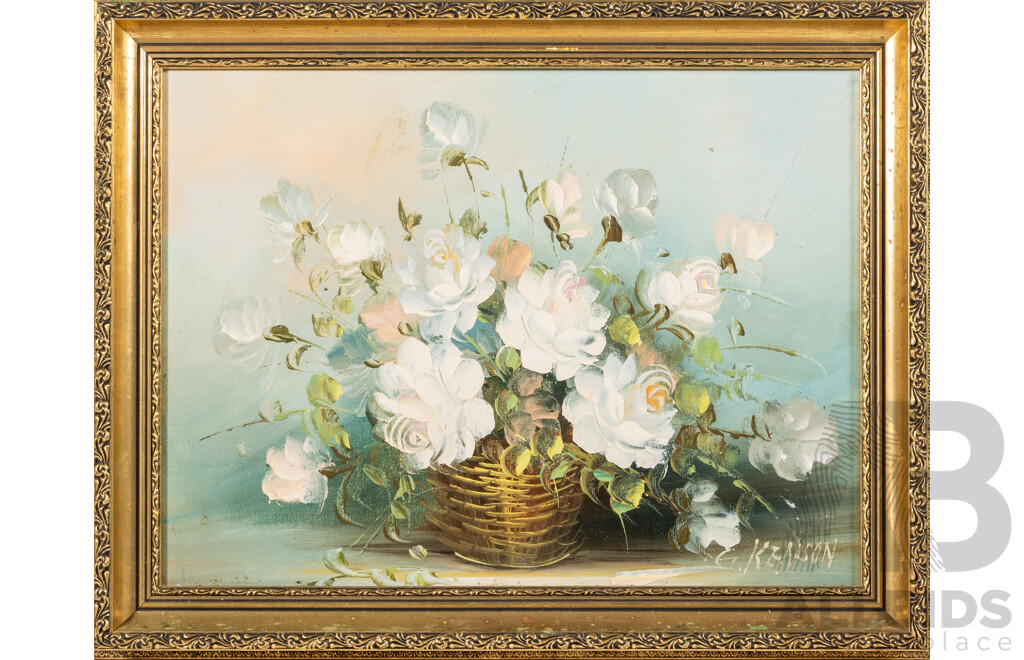 G.Kenson, (20th Century), Still Life - Flowers in Straw Basket, Original Vintage Oil on Canvas Board, 37.5 x 47.5 cm (frame)