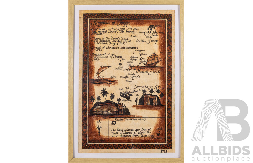 Artist Unknown (20th Century), Kingdom of Tonga (1998), Natural Pigments on Tapa Cloth, 70 x 50 cm (frame)
