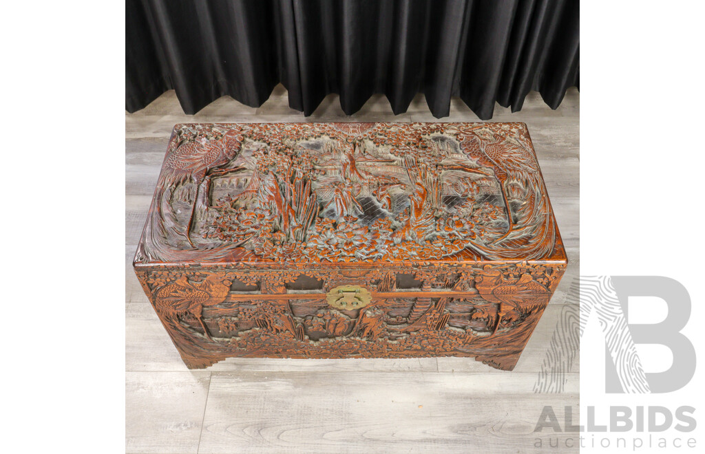 Heavily Carved Chinese Camphorwood Trunk