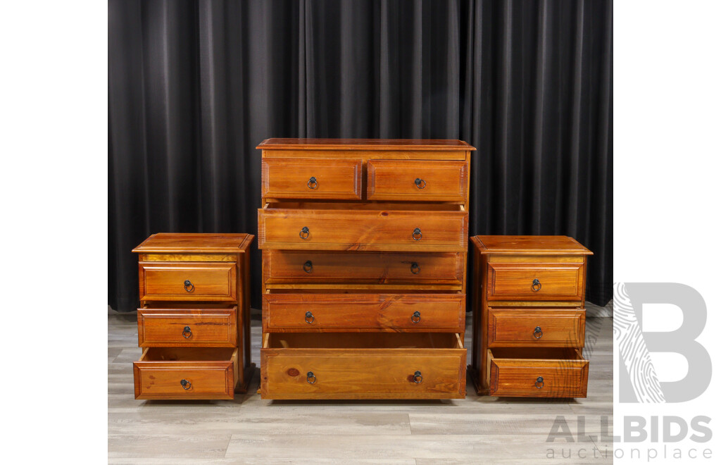 Modern Pine Three Piece Bedroom Suite Inc Pair of Bedsides and Tall Boy