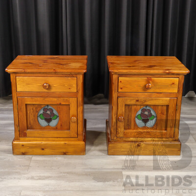 Pair of Modern Pine Bedside Cabinets with Lead Light Panel Doors