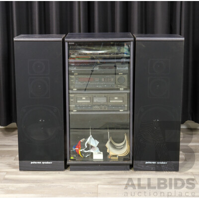 Four Piece Stereo Unit including Technics and Panasonic, in Cabinet with Pair of Peterson Floor Speakers
