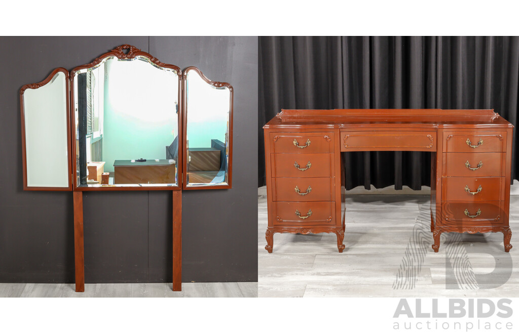 Mahogany Twin Pedestal Mirrored Back Dresser by Bell Bros Furniture