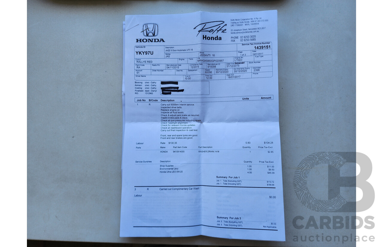 12/2015 Honda Jazz VTi GK MY15 5d Hatchback Red 1.5L