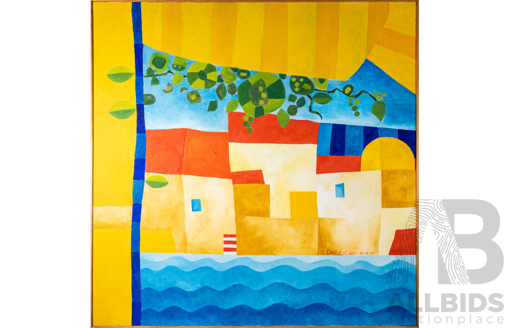 Andrew Christofides, (20th Century, Cypriot-Born Australian, 1946-), Mediterranean Seaport (1973), Wonderful Original Oil on Canvas, 123 x 123 cm (frame)