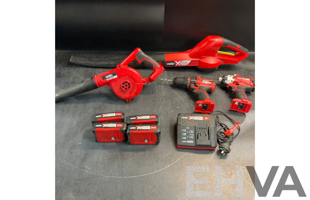 OZITO Power Xchange Power Tools - Impact Driver ,Cordless Drill, Workshop Blower, Cordless Blower with 4 Batteries and 1x Charger