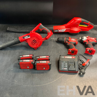 OZITO Power Xchange Power Tools - Impact Driver ,Cordless Drill, Workshop Blower, Cordless Blower with 4 Batteries and 1x Charger