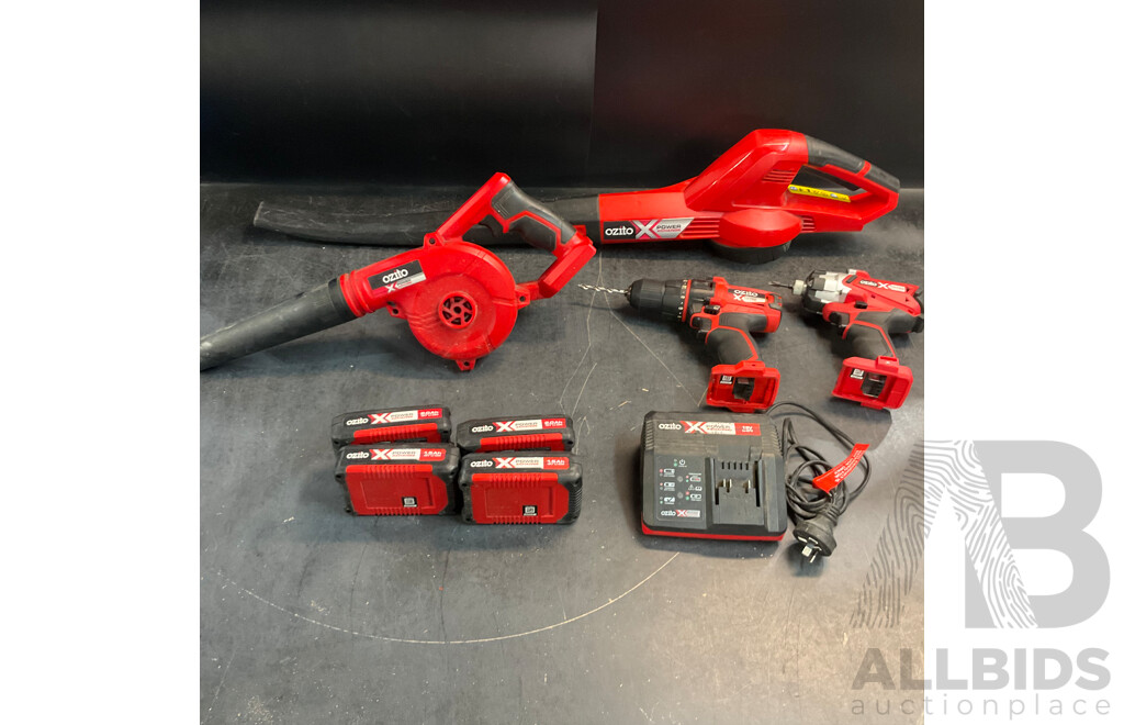 OZITO Power Xchange Power Tools - Impact Driver ,Cordless Drill, Workshop Blower, Cordless Blower with 4 Batteries and 1x Charger