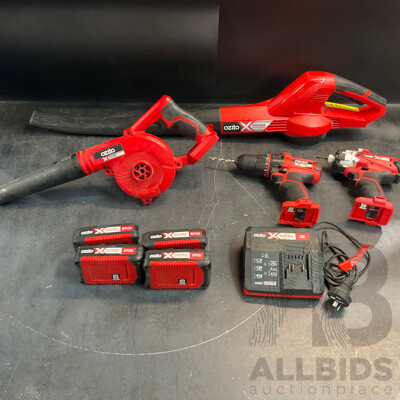 OZITO Power Xchange Power Tools - Impact Driver ,Cordless Drill, Workshop Blower, Cordless Blower with 4 Batteries and 1x Charger