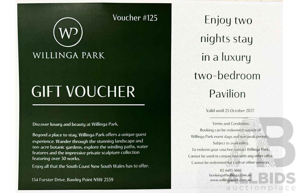 LIVE AUCTION 7 - 2 Nights Pavillion Accommodation at Willinga Park South Coast + Sculpture Onsite Booklet Merchandise - Valued at $1,300