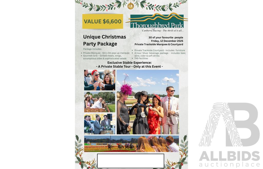 LIVE AUCTION 9 - All-inclusive Trackside Marquee Xmas Party for 30 Guests at the Thoroughbred Park - Valued at $2,500