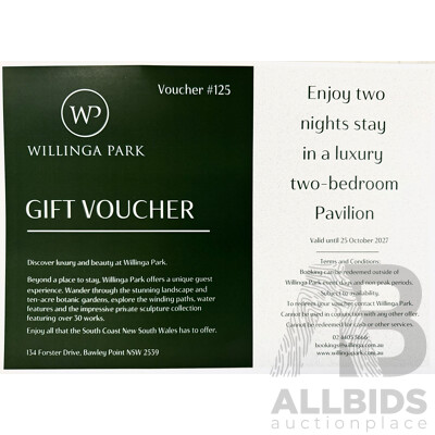 LIVE AUCTION 7 - 2 Nights Pavillion Accommodation at Willinga Park South Coast + Sculpture Onsite Booklet Merchandise - Valued at $1,300