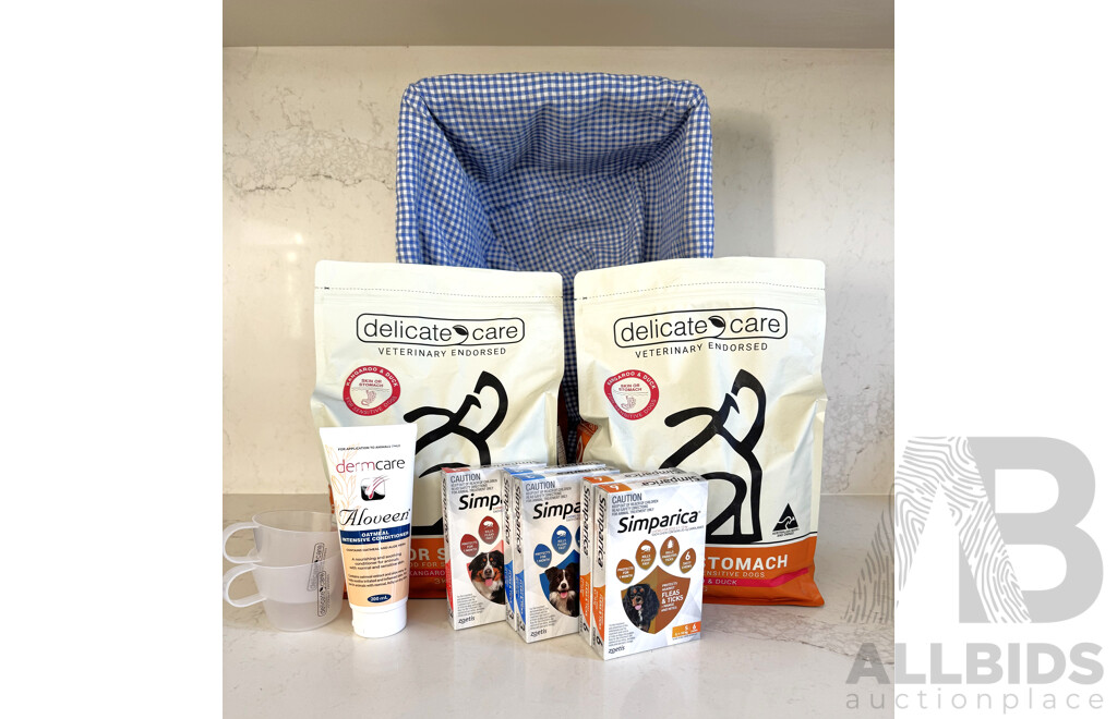 L27 - Pooch Pack (2) - 2 Delicate Care 3kg Dog Food Bags, Simparica Flee & Tick Chews X5 Packs , Dermicare Oatmeal Intensive Dog Conditioner