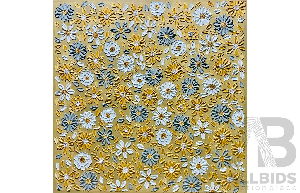 Esther Lemuel, ''Golden and White Blooms'', Acrylic, Texture Paste, Streched Canvas, 92cm X 92cm - Valued at $600