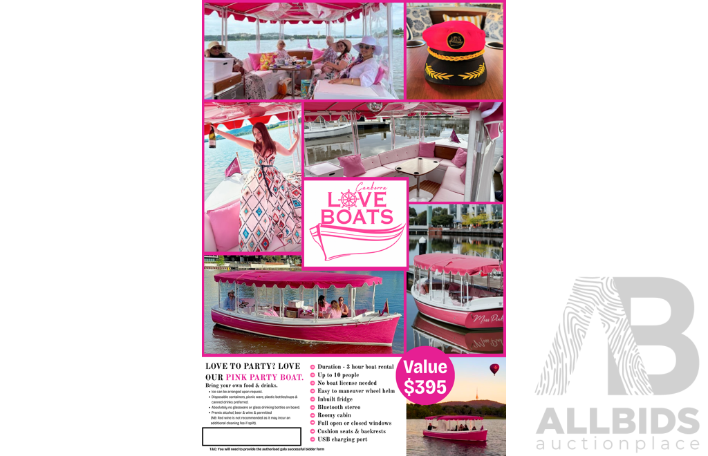 L34 - 3 Hour Self-driving Lake Burley Griffin Cruise on ''Miss Pink'', the Pink Party Boat - Valued at $395