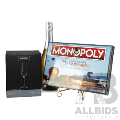 L17 - Monopoly, Kosno Sparkling Wine Glasses and a Mystery Bottle of Sparkling Wine - Valued at $250