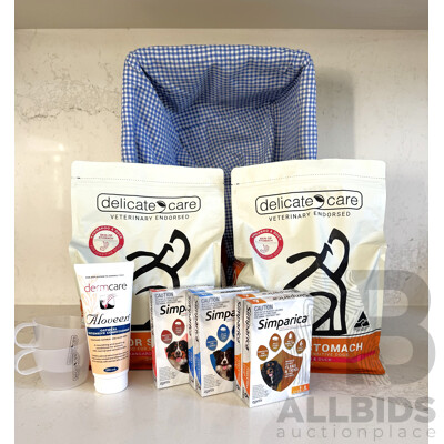 L27 - Pooch Pack (2) - 2 Delicate Care 3kg Dog Food Bags, Simparica Flee & Tick Chews X5 Packs , Dermicare Oatmeal Intensive Dog Conditioner