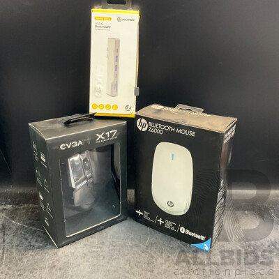 HP Z6000 Bluetooth Mouse & EVGA X17 FPS Gaming Mouse & ALOGIC USB-C Dock NANO - Lot of 3
