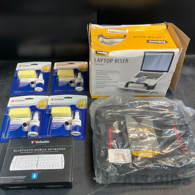 Fellowes Laptop Riser & Targus 10-12.1'' Laptop Case & Verbatim Bluetooth Mobile Keyboard & Cleaning Kit - Lot of 7