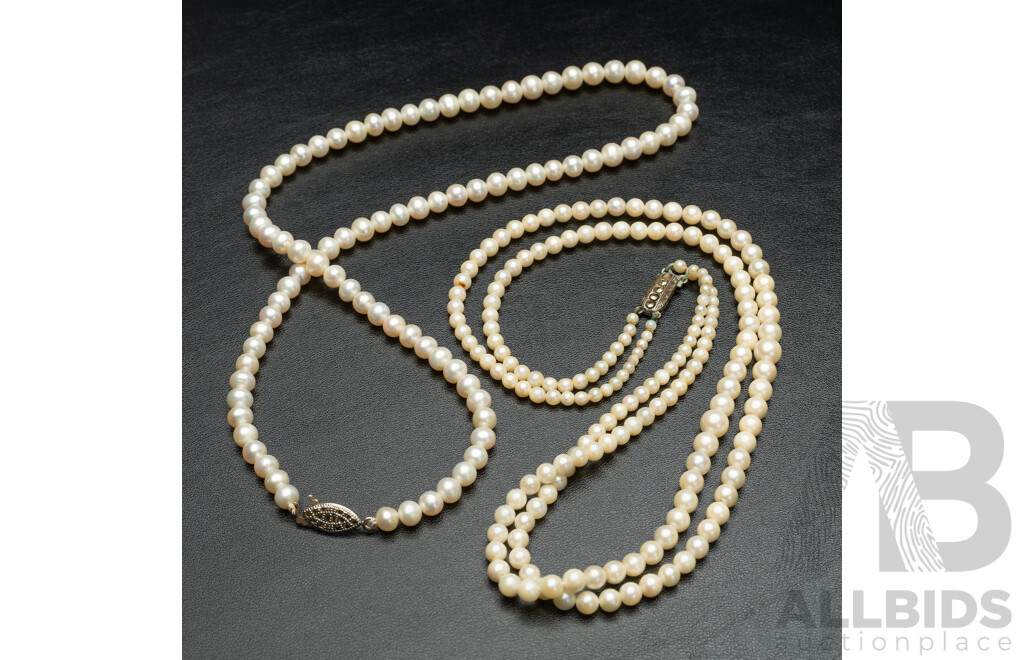 Two (2) Sets of Cultured Pearl Necklaces, Single Strand & Double Graduating, in Original Presentation Box