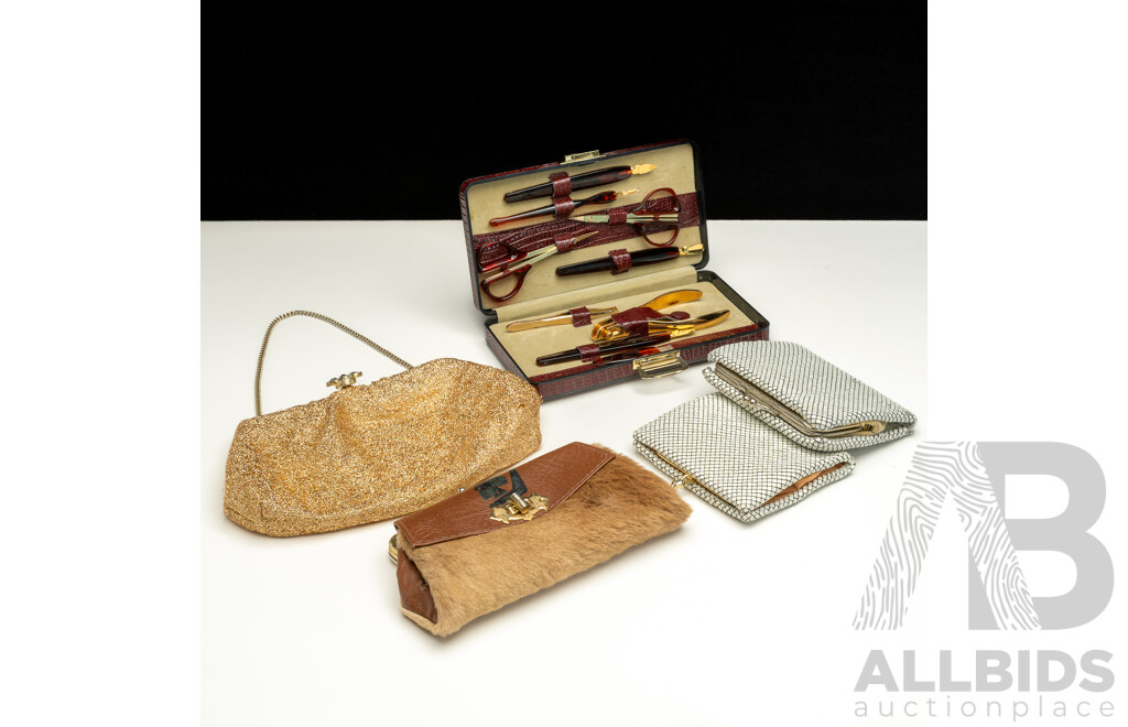 Vintage Collection of Smalls with Kangaroo Fur Clutch, Unused Manicure Set in Leather Embossed Case & Glomesh Style Purses
