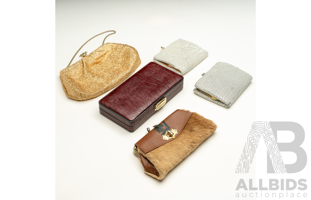 Vintage Collection of Smalls with Kangaroo Fur Clutch, Unused Manicure Set in Leather Embossed Case & Glomesh Style Purses
